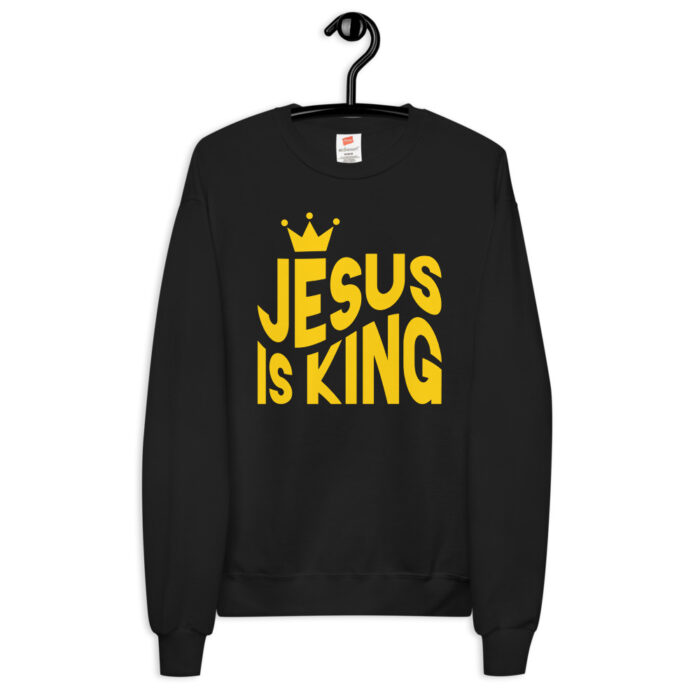 A sweatshirt featuring a design that combines a royal crown with the text "Jesus is King" by Kanye West.