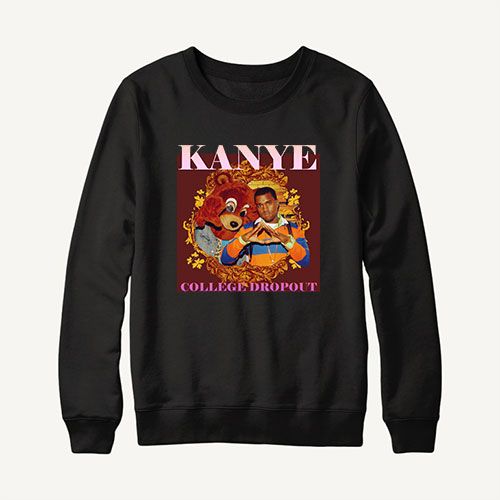 A stylish black sweatshirt by Kanye West featuring a unique poster design. The sweatshirt combines comfort and fashion, with the black color providing a classic backdrop to the distinctive poster graphic.
