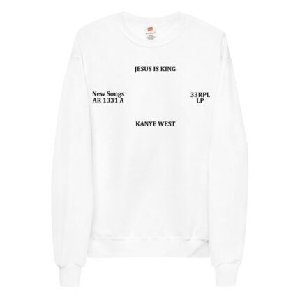 A cozy white fleece sweatshirt by Kanye West, featuring the "Jesus is King" theme. The sweatshirt is adorned with religious motifs, providing a warm and stylish expression of faith. The white color adds a clean and versatile touch to the sweatshirt, showcasing Kanye's unique fashion aesthetic with comfort and religious symbolism.