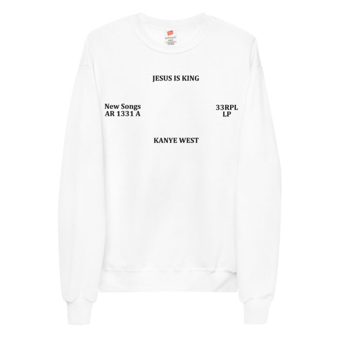 A cozy white fleece sweatshirt by Kanye West, featuring the "Jesus is King" theme. The sweatshirt is adorned with religious motifs, providing a warm and stylish expression of faith. The white color adds a clean and versatile touch to the sweatshirt, showcasing Kanye's unique fashion aesthetic with comfort and religious symbolism.