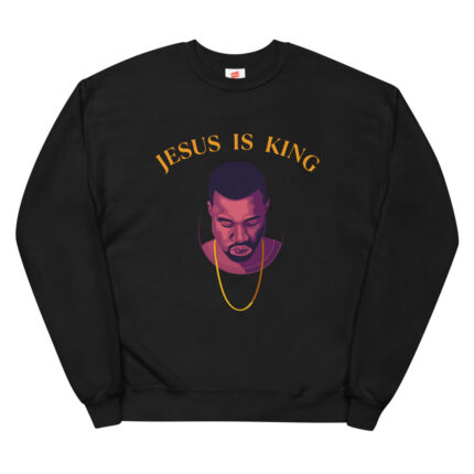 A cozy fleece sweatshirt by Kanye West, featuring the "Jesus is King" theme. The sweatshirt is adorned with religious motifs, providing a warm and stylish expression of faith. The fleece material adds comfort, making it suitable for colder weather while showcasing Kanye's unique fashion aesthetic.
