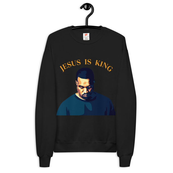 A comfortable unisex fleece sweatshirt by Kanye West, featuring the "Jesus is King" theme. The sweatshirt is adorned with religious motifs, providing a warm and stylish expression of faith.