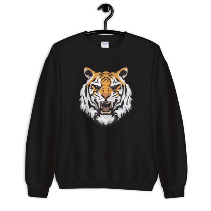 A fashionable sweatshirt by Kanye West featuring a bold and vibrant tiger face design. The sweatshirt combines artistic flair with streetwear fashion, showcasing a detailed and eye-catching tiger graphic.