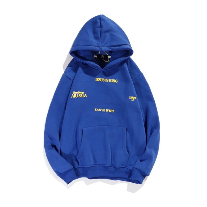 Kanye West Jesus Is King Navy Fleece Hoodie: Wrap yourself in warmth and style with this fleece hoodie inspired by the 'Jesus Is King' album. Elevate your fashion with Yeezy's iconic blend of comfort and design in a classy navy hue.