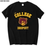A nostalgic T-shirt by Kanye West featuring the iconic "The College Dropout" theme. The shirt showcases a design that pays homage to Kanye's classic debut album, combining a unique logo with visual elements that capture the essence of the album.