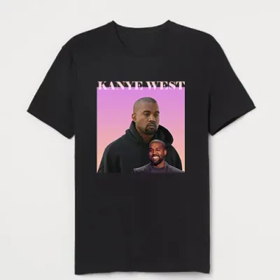A fashionable T-shirt by Kanye West featuring a vintage poster design. The shirt captures the essence of retro aesthetics with a unique poster theme, showcasing a blend of nostalgia and fashion.