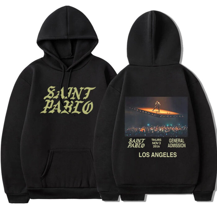 Pablo Saint Concert Black Hoodie: Embrace the concert vibes with this iconic black hoodie. Elevate your style with the energy of Saint Pablo in this fashionable streetwear piece.